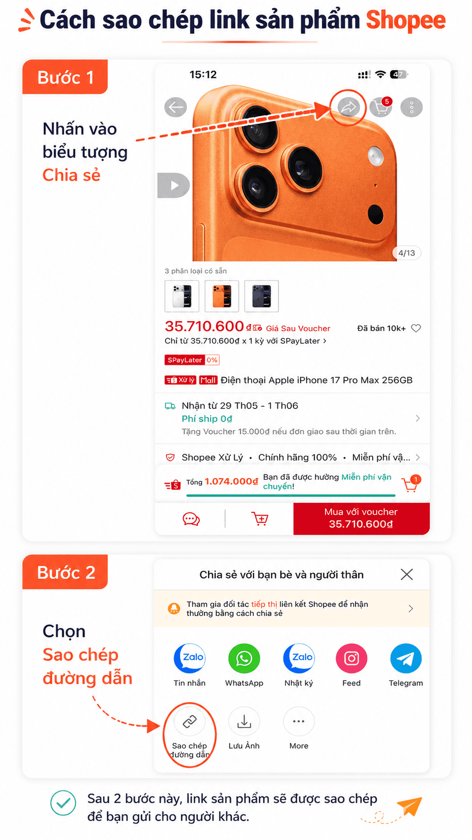 Hướng dẫn sao chép link sản phẩm Shopee qua nút Chia sẻ và Sao chép đường dẫn