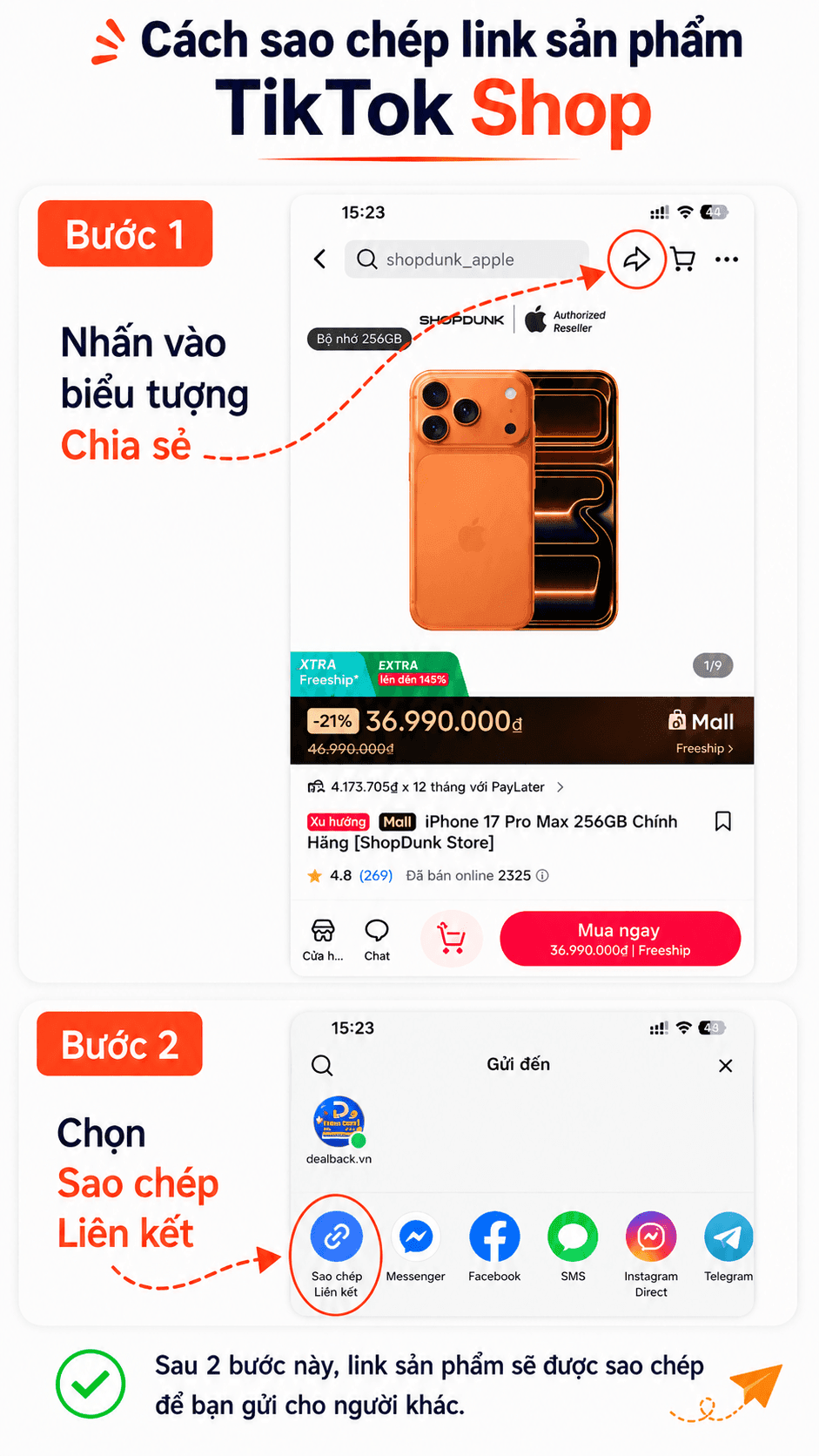 Hướng dẫn sao chép link sản phẩm TikTok Shop qua nút Chia sẻ và Sao chép liên kết